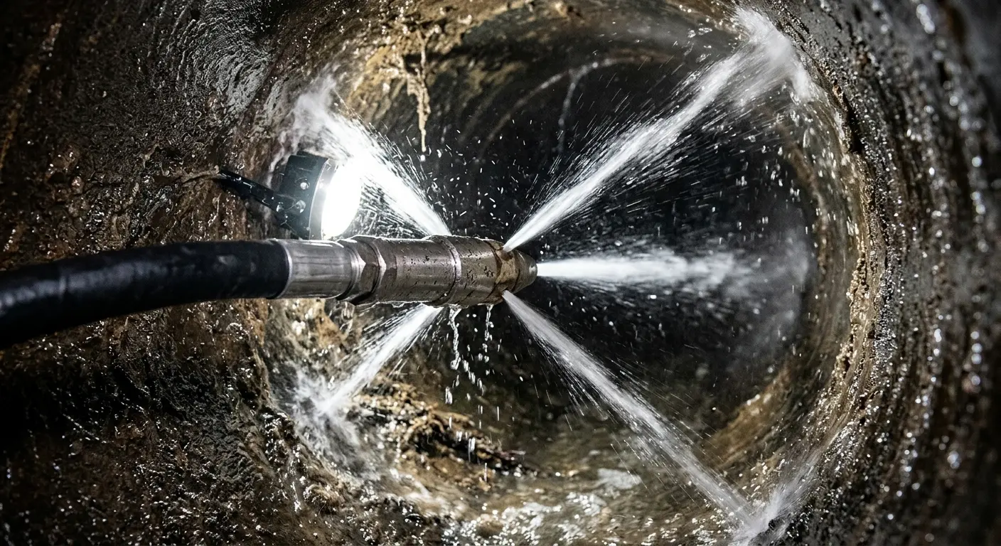 High-pressure hydro jetting nozzle cleaning sewer pipe for Trenchless Sewer Repair in Wichita Falls