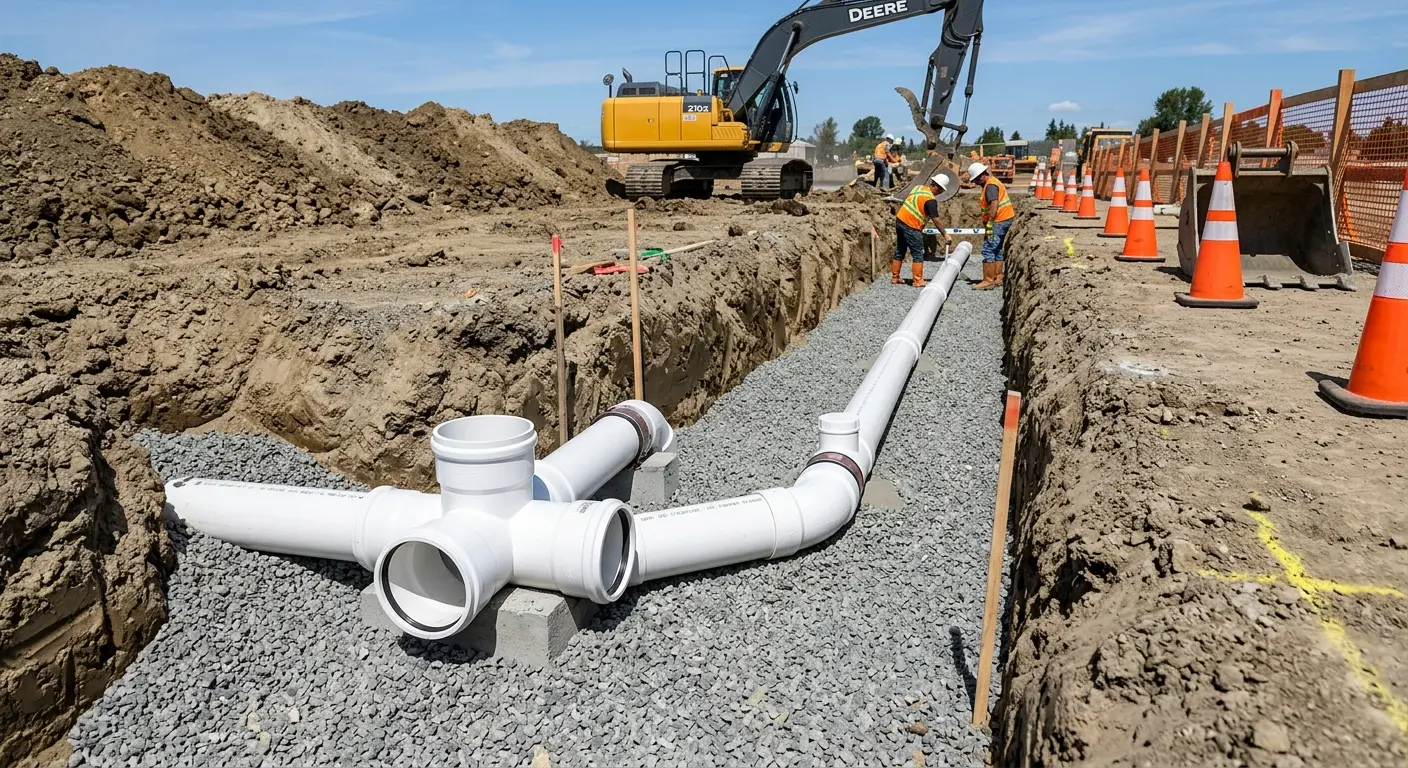New PVC sewer pipe installation in open trench for Commercial Drain Cleaning in Wichita Falls
