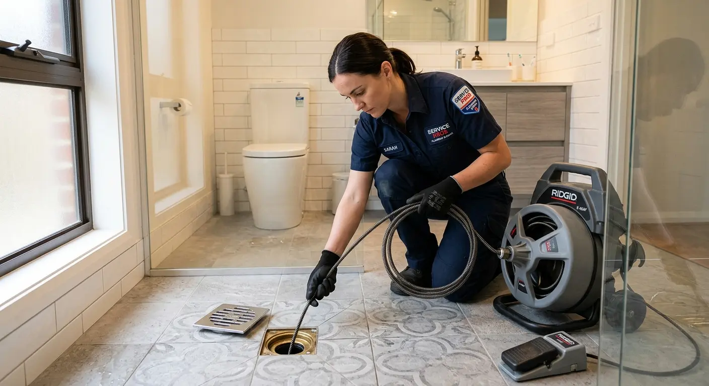 Technician clearing a bathroom floor drain for Clogged Drain Repair in Wichita Falls